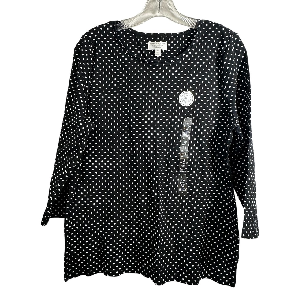 Charter Club Luxury Pima Cotton Polka Dot 3/4 Sleeve Top Deep Black XL NEW